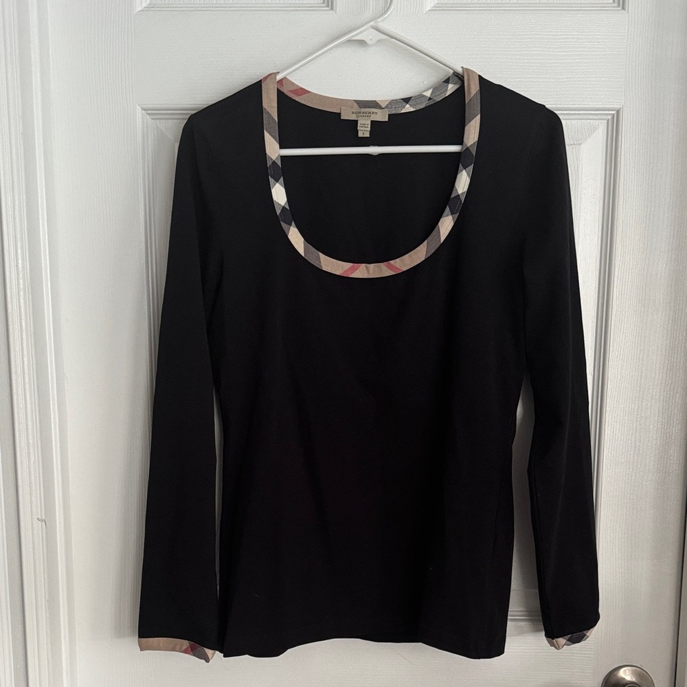 Burberry Black Long-Sleeve Top with Signature Check Trim